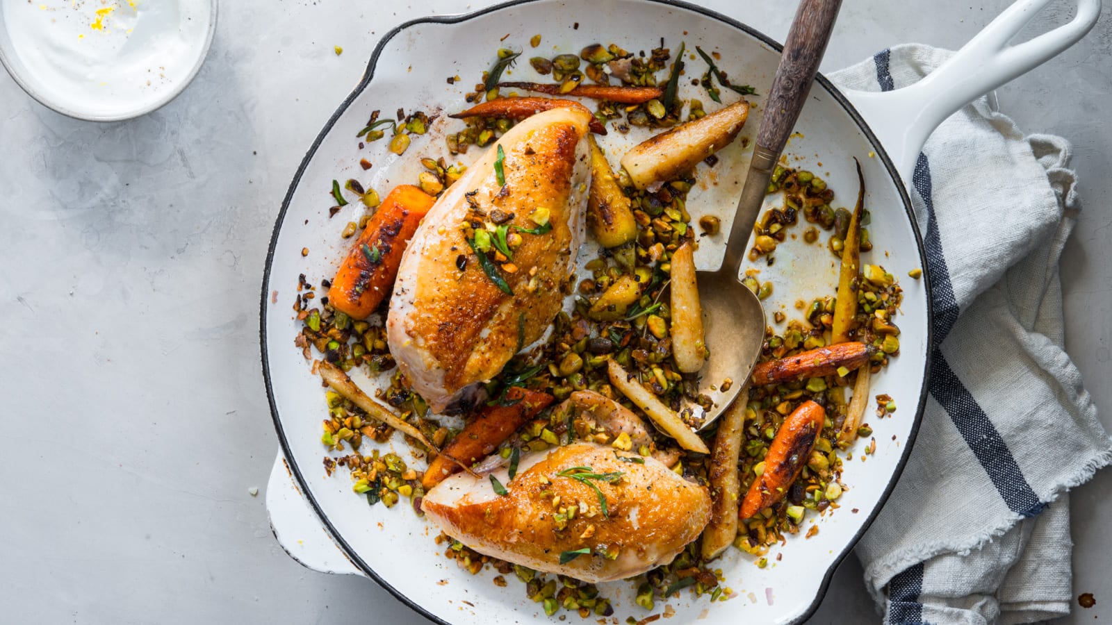 Pan-roasted Chicken with Honeyed Carrots and Pistachios