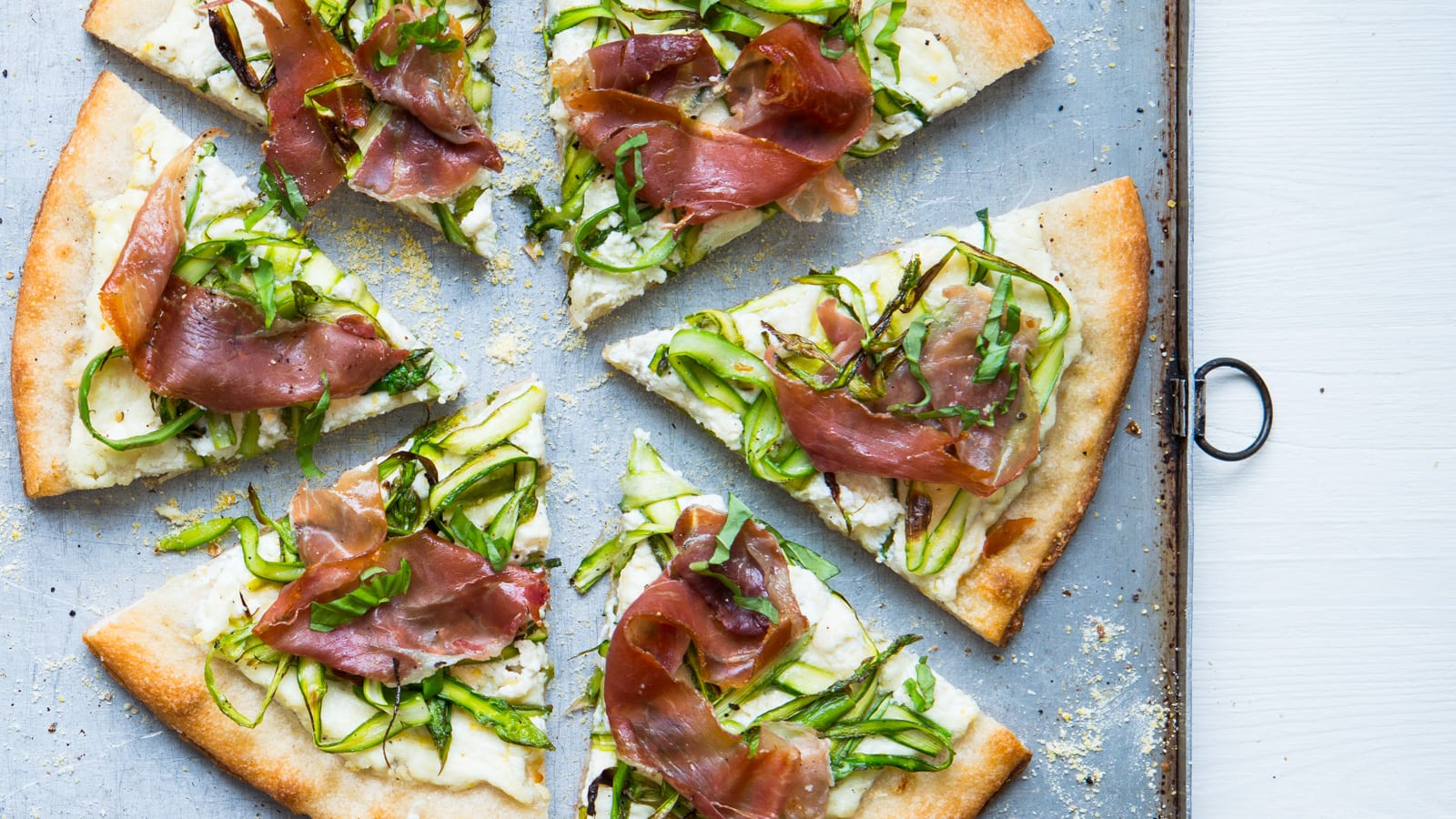 lemon ricotta pizza with shaved asparagus