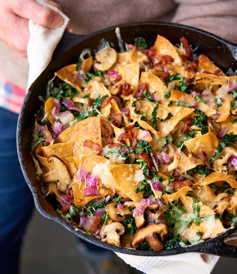 Winter Skillet Nachos with Mushrooms and Kale