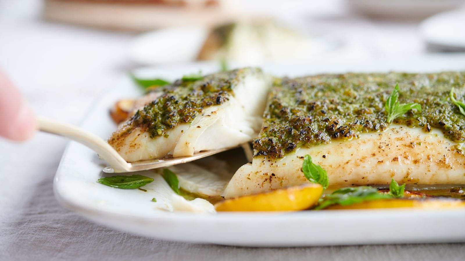 Grilled Wild Halibut with Greens, Hazelnuts and Sunflower Seed Pesto