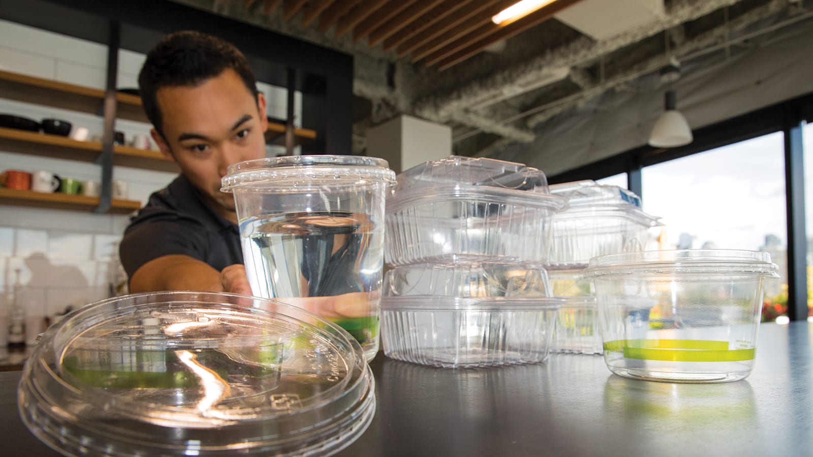 Brent Kawamura PCC’s senior sustainability specialist examining compostable plastics
