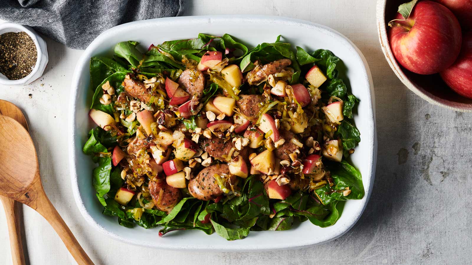 Warm Apple and Chicken Sausage Salad with Rosemary and Toasted Hazelnuts