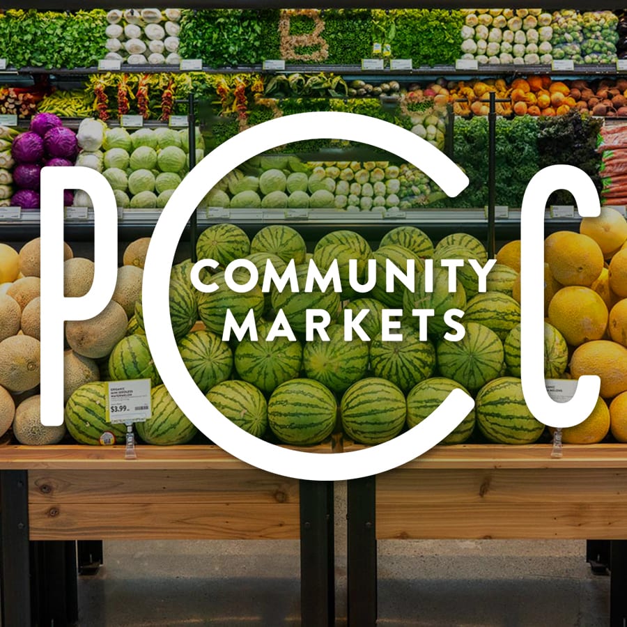 PCC Community Markets Logo overlay on produce background.