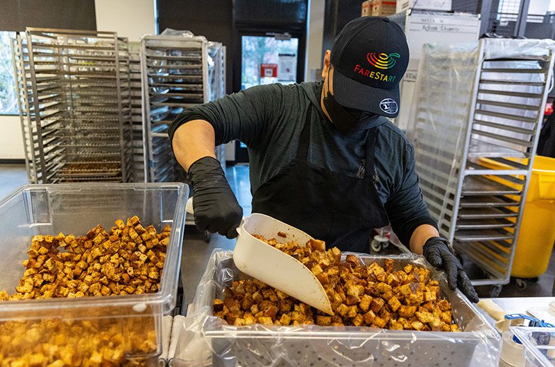 FareStart croutons being made by hand.